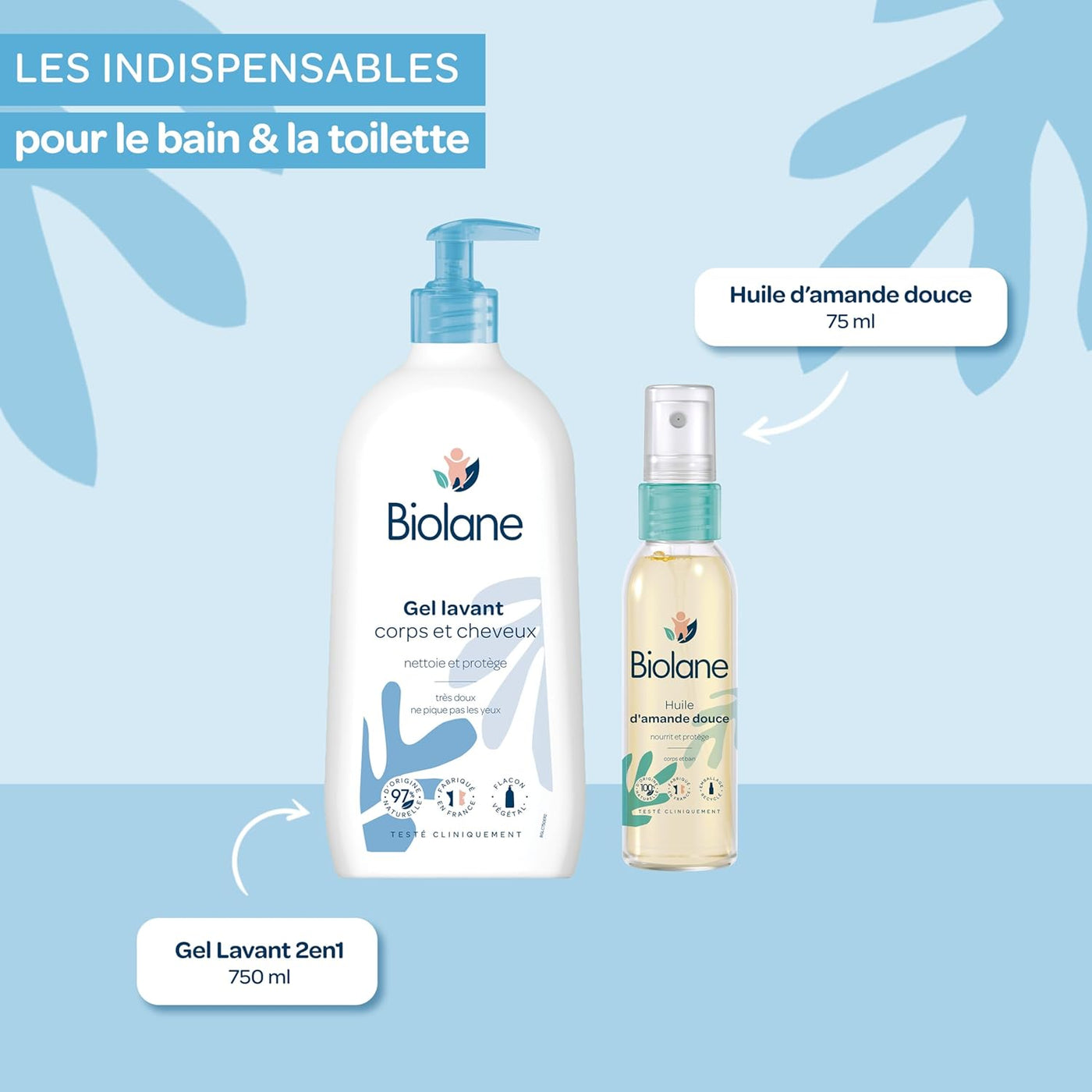 BIOLANE - Kit Bain & toillette - Bébé - Gel douche, Lait de toilette, Crème hydratante, Huile d'amande douce