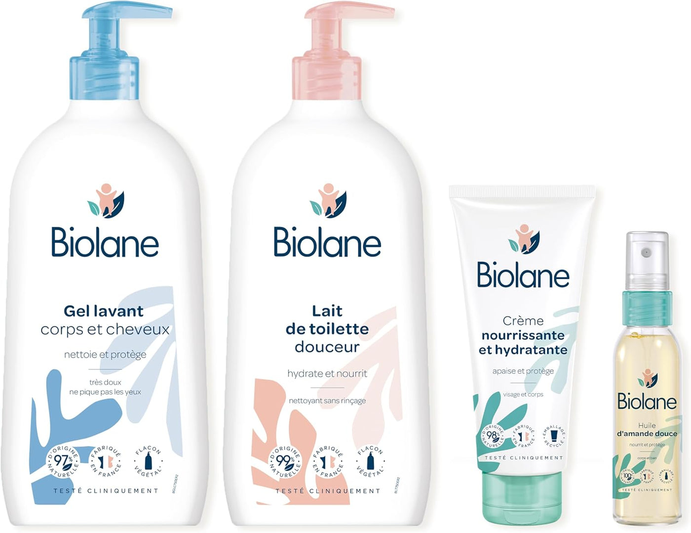 BIOLANE - Kit Bain & toillette - Bébé - Gel douche, Lait de toilette, Crème hydratante, Huile d'amande douce
