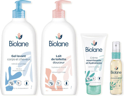 BIOLANE - Kit Bain & toillette - Bébé - Gel douche, Lait de toilette, Crème hydratante, Huile d'amande douce