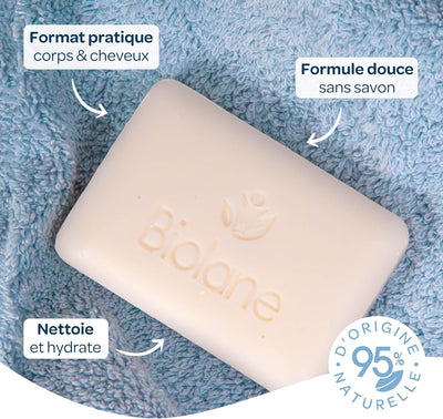 BIOLANE - Solide Lavant Douceur - Bain Bébé - 95% d'Origine Naturelle -75g - Corps et Cheveux - Sans savon